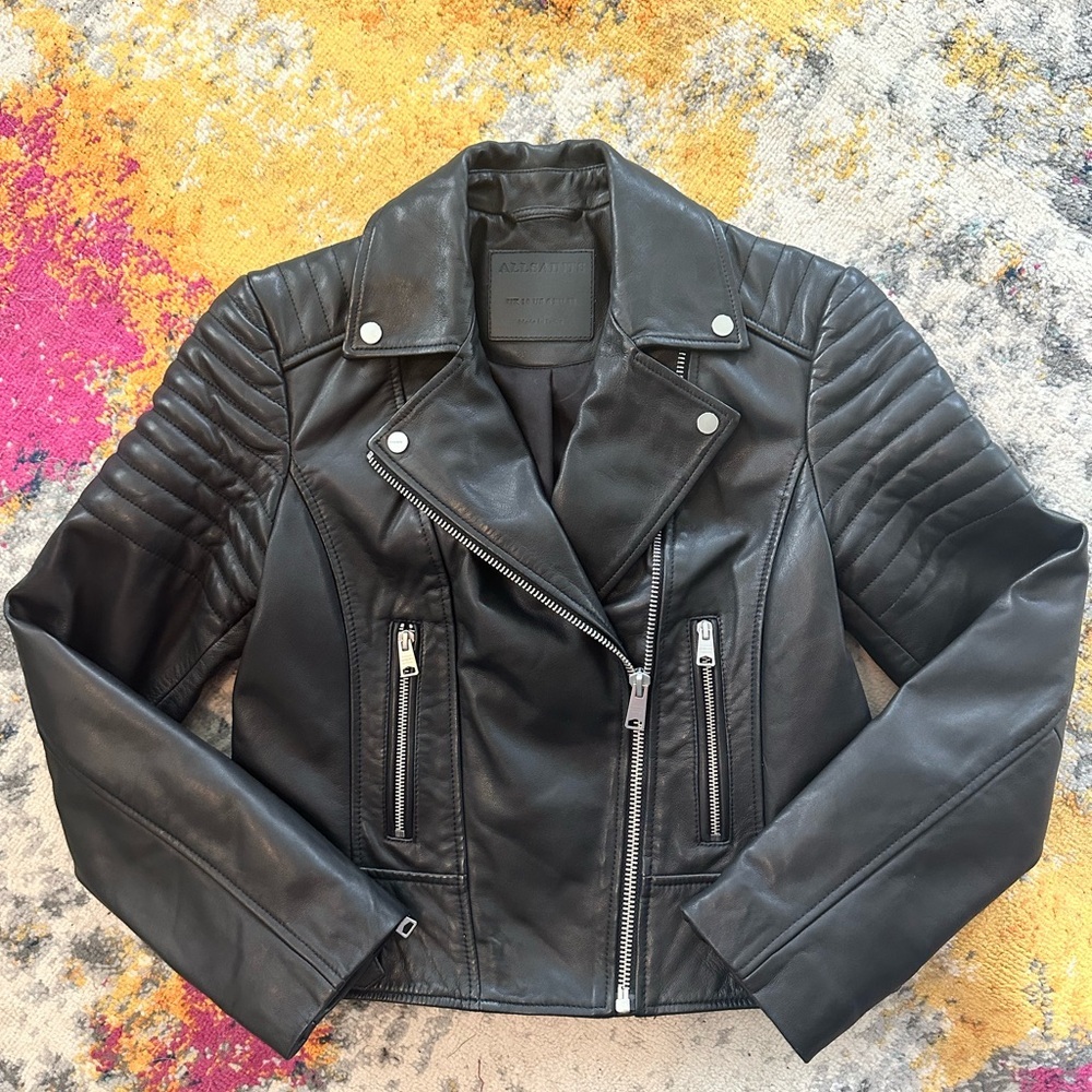 NWOT All Saints Papin Biker Black Leather Moto Jacket Buckles Edgy Size 6